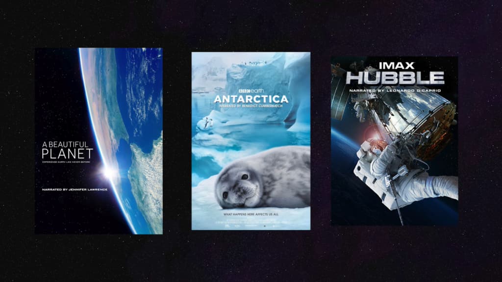 Collage of space and nature documentary posters against a starry backdrop