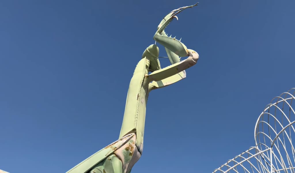 A towering green dragon sculpture against a clear blue sky